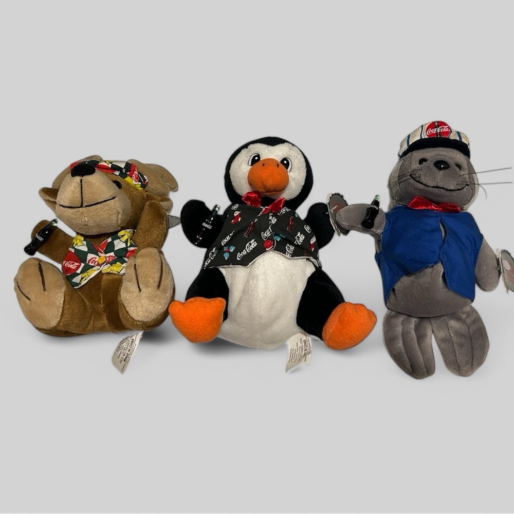 Vintage RARE Coca-Cola Bean Bag plush set of 3 animal figures with soda, tags